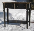 vanity with tapered legs-black with gold trim-curved front-copper sink