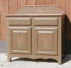 alder vanity - 2 doors - drawers - backsplash - distressed paint finish