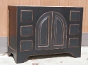 alder vanity - 2 arched doors - 6 drawers - distressed black paint finish