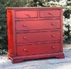 alder - 5 drawers with bead molding - stained top - distressed red finish